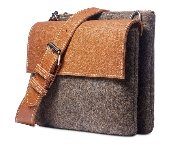 Larissa crossbody- Grey wool blend- cognac leather