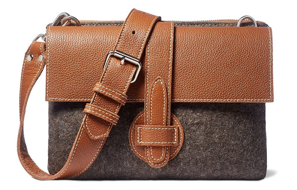 Leanne crossbody- Grey wool blend- cognac leather