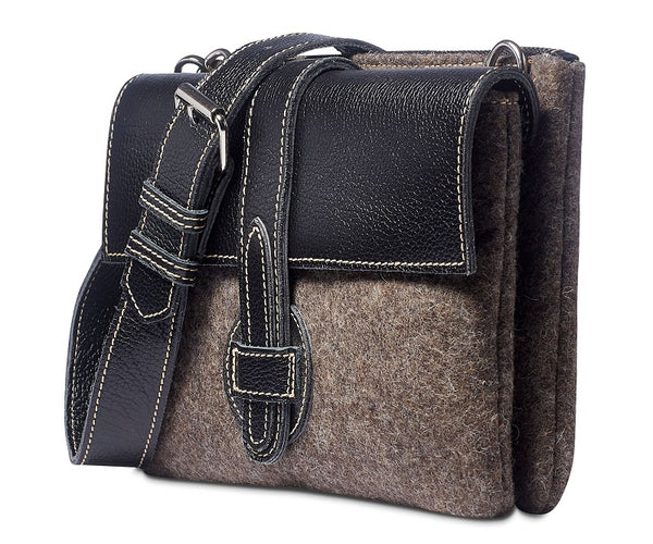 Leanne crossbody- Grey wool blend- black leather
