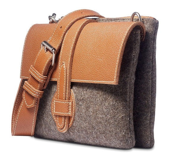 Leanne crossbody- Grey wool blend- cognac leather