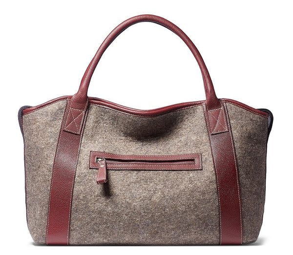Michelle Tote - Grey Wool Blend - Burgundy leather
