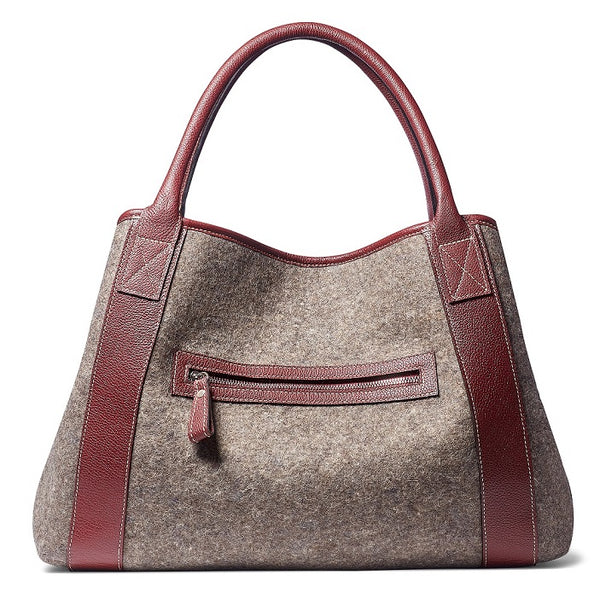 Michelle Tote - Grey Wool Blend - Burgundy leather