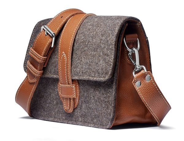 Carrie crossbody - Grey wool blend/cognac leather
