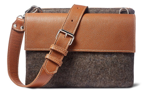 Larissa crossbody- Grey wool blend- cognac leather