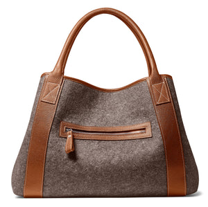 Michelle Tote - Grey Wool Blend - Brown Leather