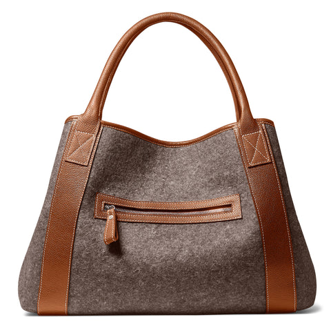 Michelle Tote - Grey Wool Blend - Brown Leather