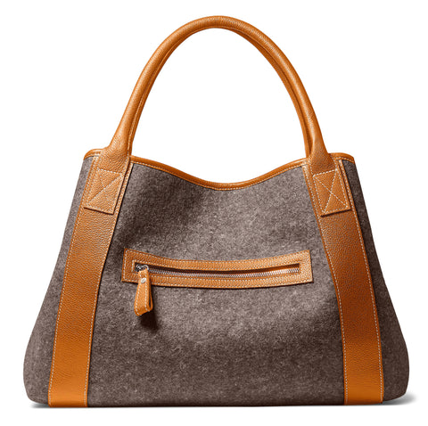 Michelle Tote - Grey Wool Blend - Cognac leather