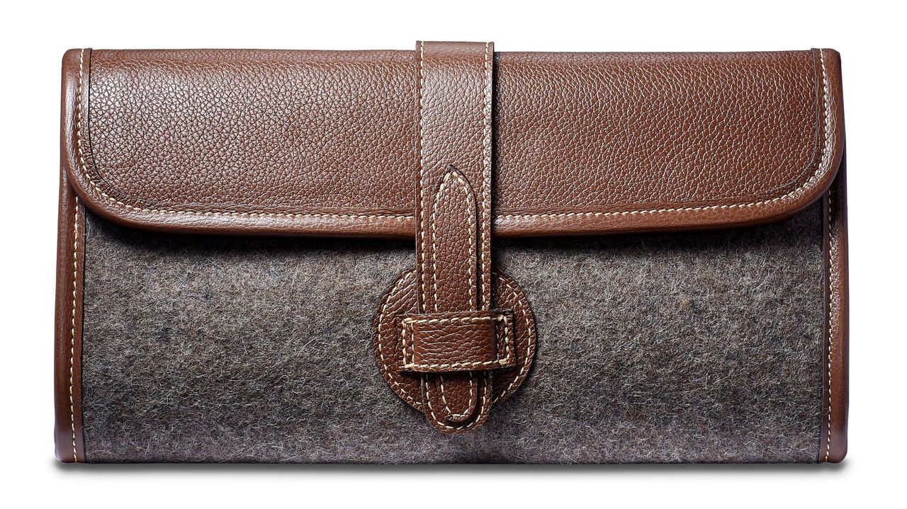 Adrian Clutch - Wool Blend - Brown leather