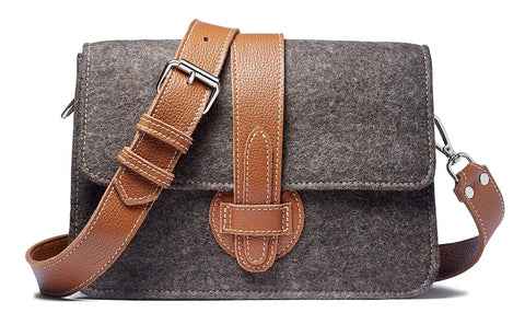 Carrie crossbody - Grey wool blend/cognac leather