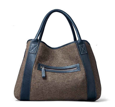 Michelle Tote - Grey Wool Blend- Navy Leather