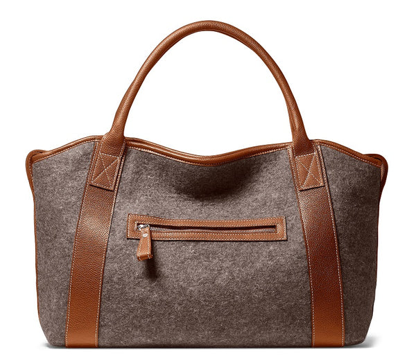 Michelle Tote - Grey Wool Blend - Cognac Leather