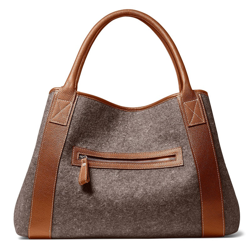 Michelle Tote - Grey Wool Blend - Cognac Leather