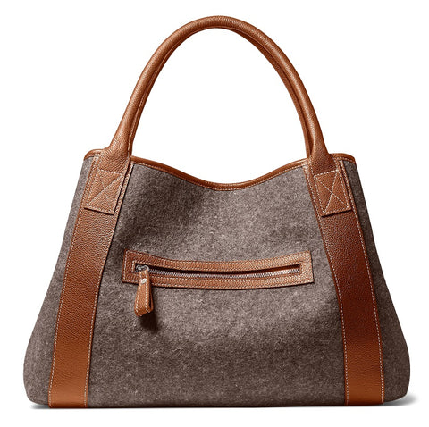 Michelle Tote - Grey Wool Blend - Cognac Leather